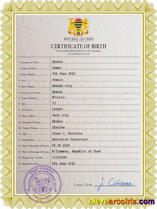 Chad vital record birth certificate